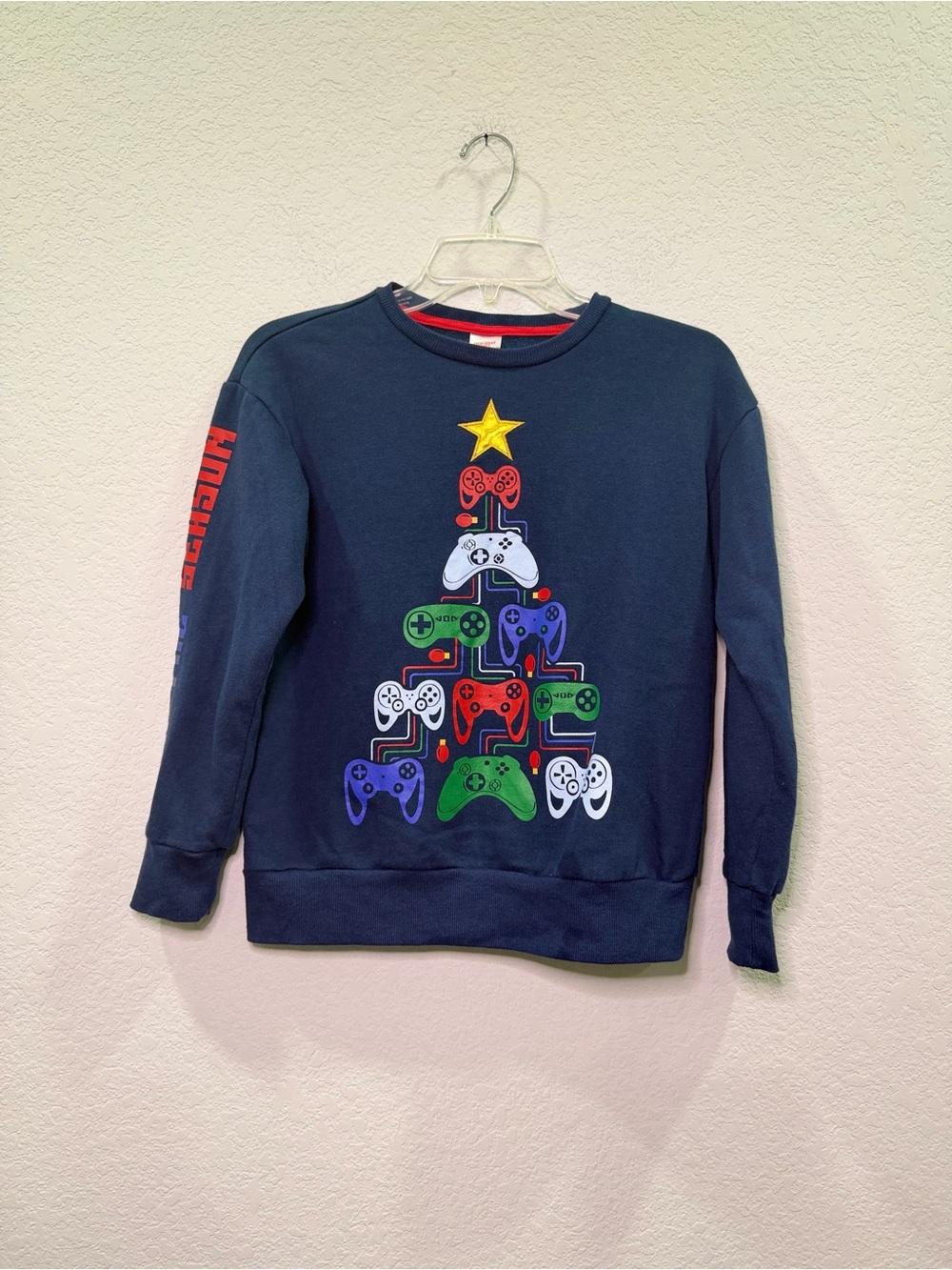 Kids Holiday Time Navy Crewneck Sweater with Multicolor Controller Tree Graphic